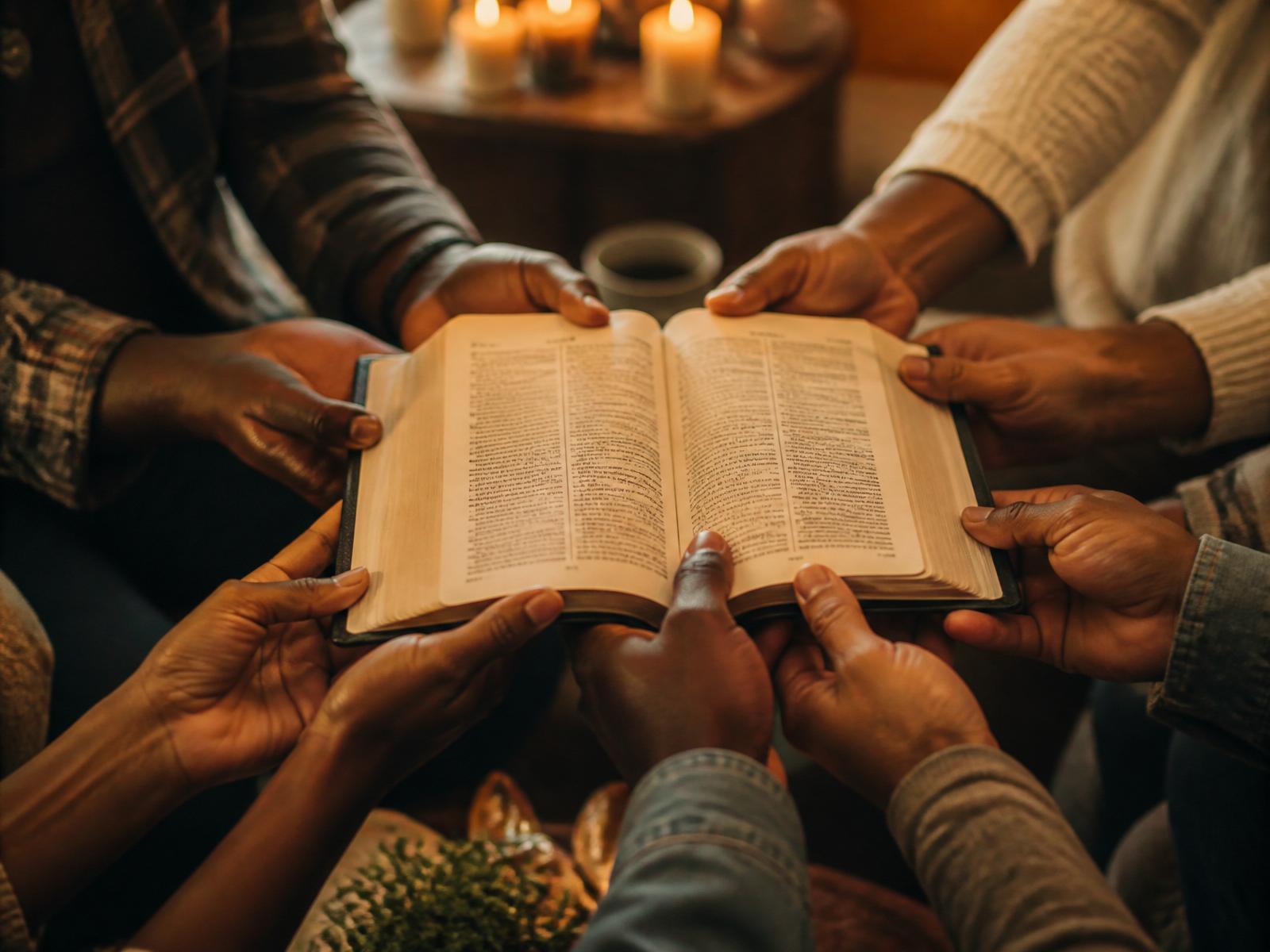 Hands from a diverse community holding an open Bible together in warm candlelight